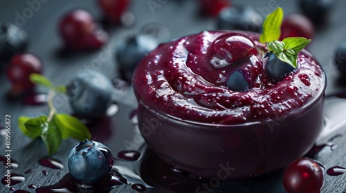 Elegant presentation of blueberry compote in a dark ceramic bowl