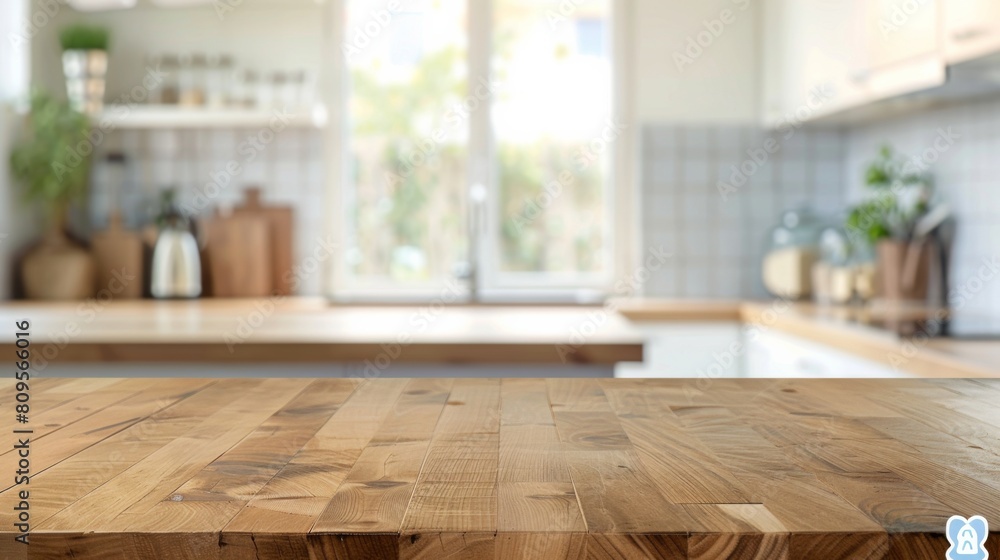 Empty beautiful wood table top counter and blur bokeh modern kitchen interior background