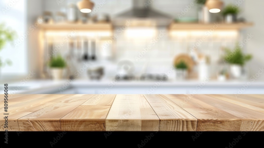 Empty beautiful wood table top counter and blur bokeh modern kitchen interior background Empty beautiful wood table top counter and blur bokeh modern kitchen interior background