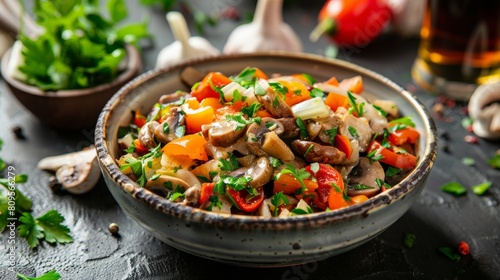 Traditional dishes of Armenian cuisine. Armenian celery and pepper salad with mushrooms. 