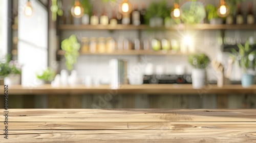 Empty beautiful wood table top counter and blur bokeh modern kitchen interior background © Sithpaseuth