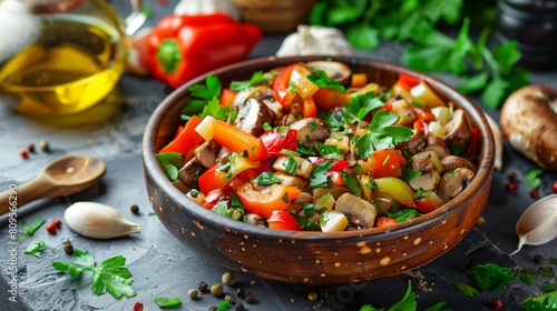 Traditional dishes of Armenian cuisine. Armenian celery and pepper salad with mushrooms. 