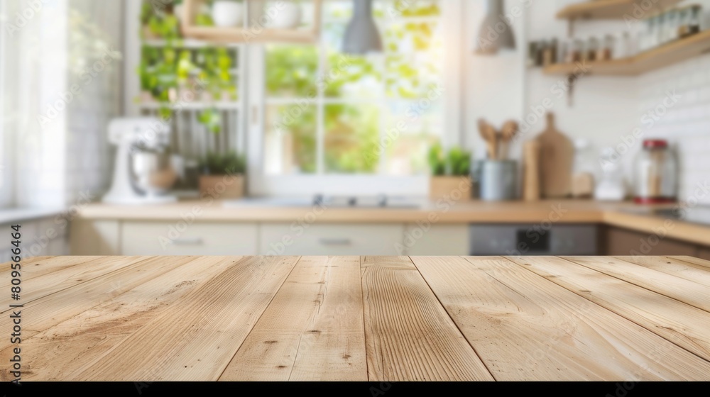 Empty beautiful wood table top counter and blur bokeh modern kitchen interior background Empty beautiful wood table top counter and blur bokeh modern kitchen interior background
