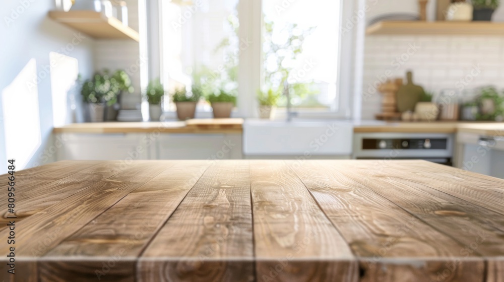 Empty beautiful wood table top counter and blur bokeh modern kitchen interior background Empty beautiful wood table top counter and blur bokeh modern kitchen interior background