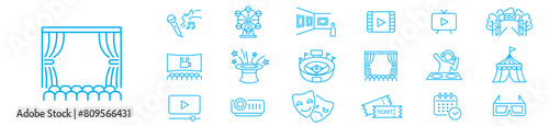 Entertainment Show icon set. live media movie event stage video theater concert cinema ticket magician circus. Linear icon collection. Editable stroke. Vector illustration