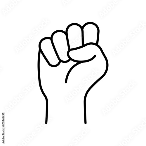 Raised hand with clenched fist line icon.