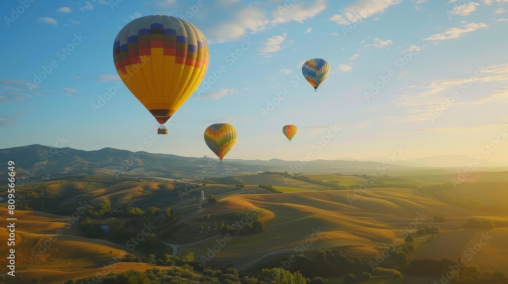 colorful hot air balloons flying over scenic landscapes