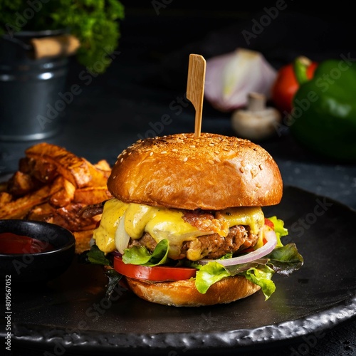 Hamberger with egg on a wooden background. Fast food, takeaway. photo