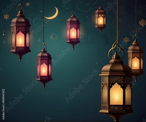 Islamic greetings ramadan kareem card design template. Space for text. background with beautiful lantern.generative.ai  © Zartasha