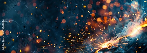 Closeup of sparks from welding against a dark blue background, with copy space for text, in the hyper realistic, cinematic style effect, with high resolution photography. photo