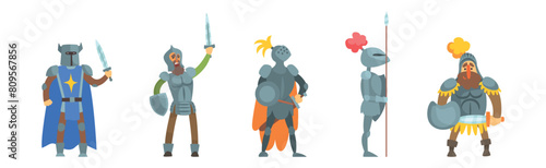 Medieval Knight Character Wear Armor with Sword Vector Set