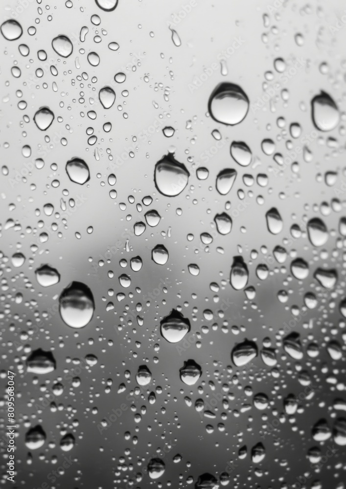 A close up of rain drops on a window with a cloudy sky in the background