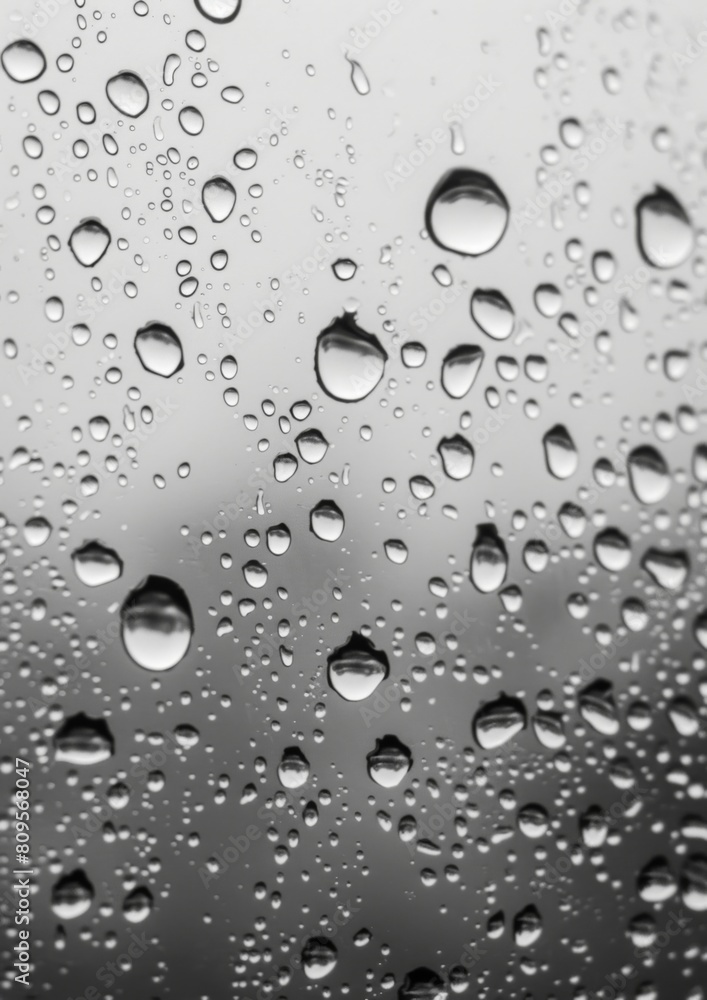 A close up of rain drops on a window with a cloudy sky in the background A close up of rain drops on a window with a cloudy sky in the background