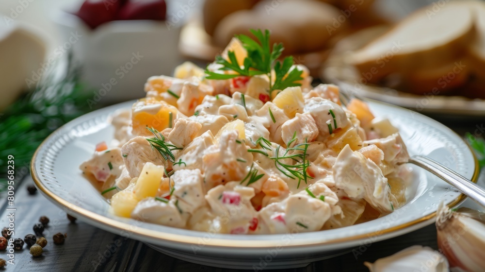 Traditional dishes of Armenian cuisine. Salad with chicken.
