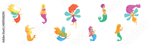 Mermaid with Fish Tail and Flying Fairy with Wing Vector Set