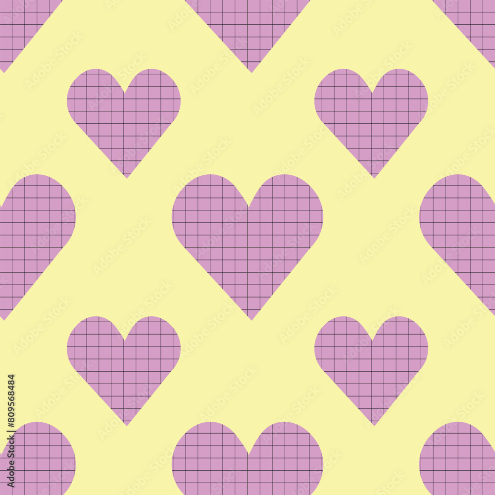 Seamless pattern with hearts, cute gradient, colorful romantic festive School theme, soft yellow and purple checkered