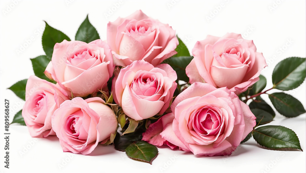 There are four pink roses with green leaves on a white background.
There are four pink roses with green leaves on a white background.