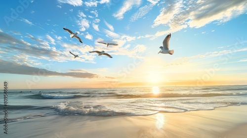 flock of seagulls soaring over a golden beach at sunrise  with a blue sky and white clouds in the background