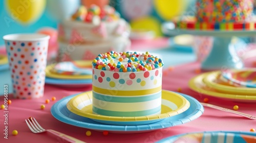 Colorful Birthday Celebration Table Setting with Cake and Decorations