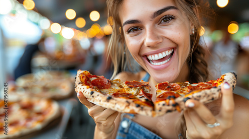 Portrait young woman holding two delicious big pizza. Eating fast food concept