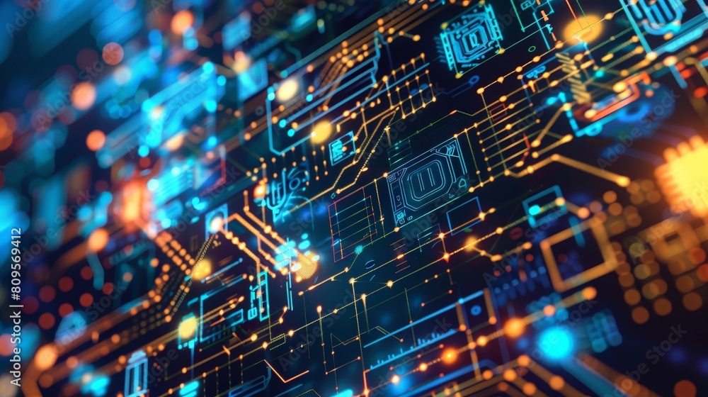 The image shows a close-up of a computer circuit board The image shows a close-up of a computer circuit board