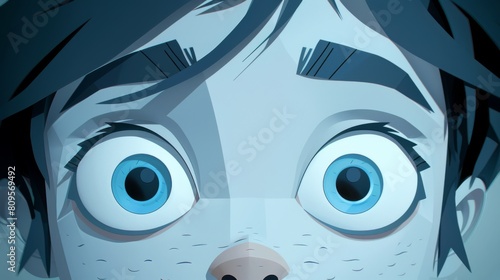 A cartoon character with blue eyes and a white face. The eyes are wide open and staring at the camera photo