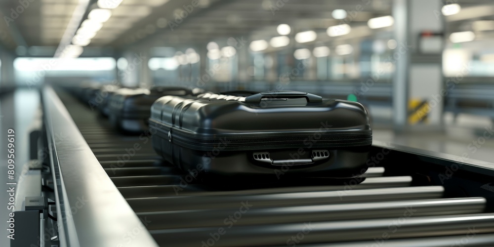 The luggage is on the conveyor belt at the airport. The luggage is on the conveyor belt at the airport.
