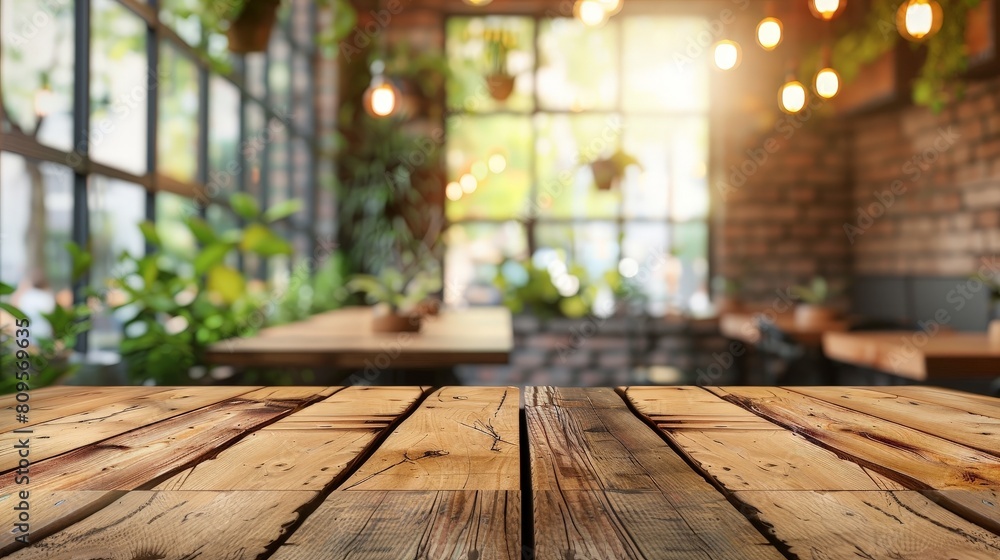 The photo shows a rustic wooden table with a blurred background of a restaurant. The photo shows a rustic wooden table with a blurred background of a restaurant.