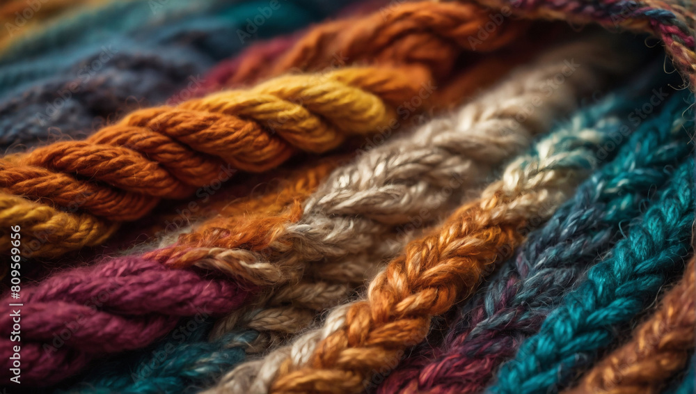 Harvest Hues, Handcrafted Multicolor Knitted Wool Fabric Offers an Earthy Texture Background, Woven from Merino Wool in Autumn Shades.