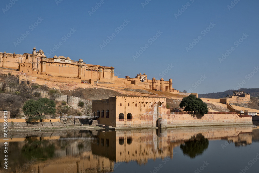 Jaipur, India: Amer Fort or Amber Fort. Amer Fort is known for its artistic style elements and is the principal tourist attraction in Jaipur.