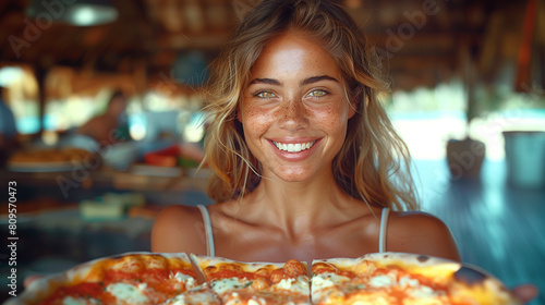 Portrait young woman holding two delicious big pizza. Eating fast food concept