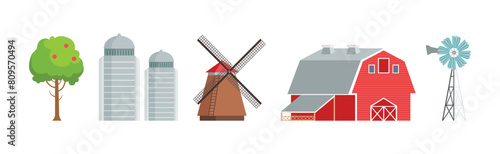 Farm and Ranch Rural Object with Tree, Barn, Windmill and Tower Vector Set