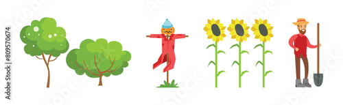 Farm and Ranch Rural Object with Tree, Scarecrow, Sunflowers and Farmer Vector Set