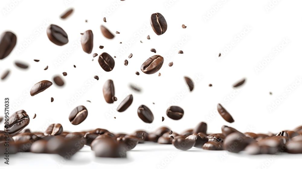 Freshly roasted coffee beans falling through the air against a white background. Freshly roasted coffee beans falling through the air against a white background.
