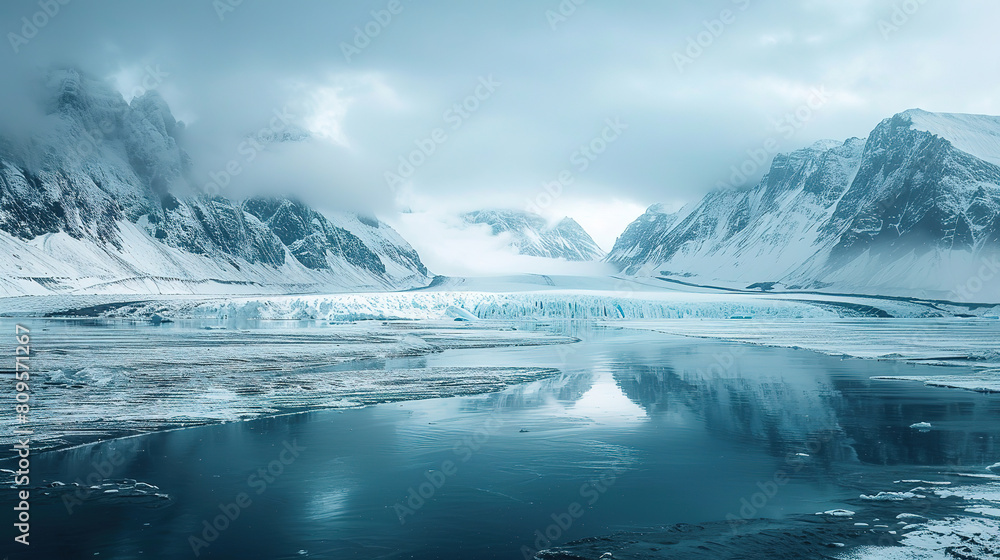 Fototapeta premium wallpaper of a shrinking glaciers, with rocky moraines as the background, during accelerated glacial melt