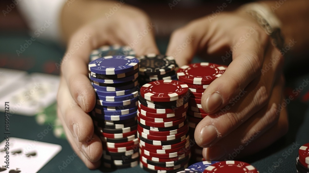 Create a highly detailed photorealistic image depicting a man's hands holding a stack of poker chips at a casino table, conveying the concept of a poker game. The image should emphasize the intricate 