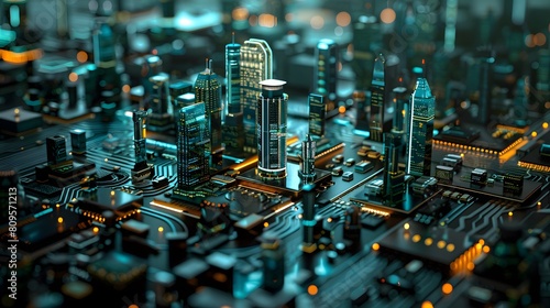 Explore a microworld of city miniatures in stunning 3D. AI generative modeling brings electronic chips to life. photo