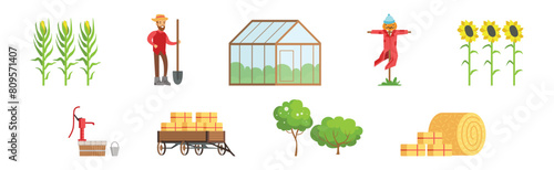 Farm and Ranch Rural Object with Greenhouse, Farmer, Corn Cob, Scarecrow, Sunflower, Hay and Tree Vector Set