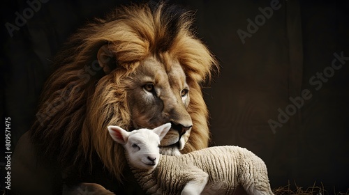 Lion and lamb best friends animals isolated on black photo