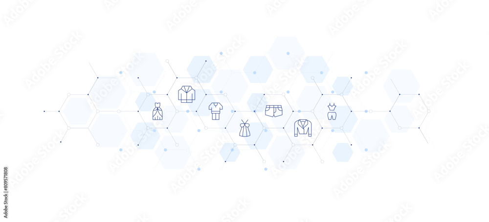 Clothing banner vector illustration. Style of icon between. Containing top, short, pijama, dress, leatherjacket, summerclothing, jacket.