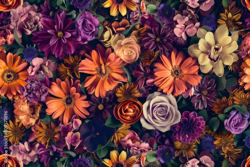 Color Flowers Seamless Pattern Top View  Beautiful Flower Mix Texture Background  Lush Blooming Plants