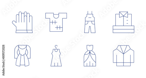Clothing icons. Editable stroke. Containing dress  tshirt  eveningdress  overalls  clothes  jacket  gloves.