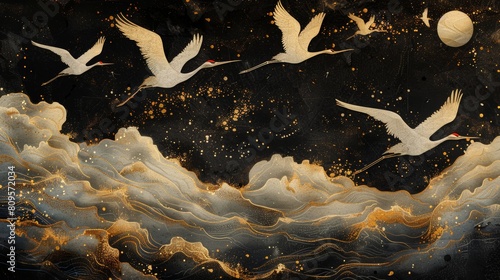 Cranes flying over golden seascape photo