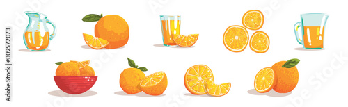 Fresh Orange Fruit with Juice in Glass Vector Set