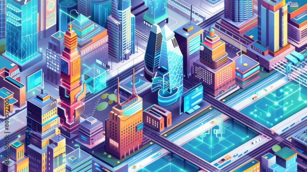  isometric illustration of an urban city with buildings, skyscrapers and streets