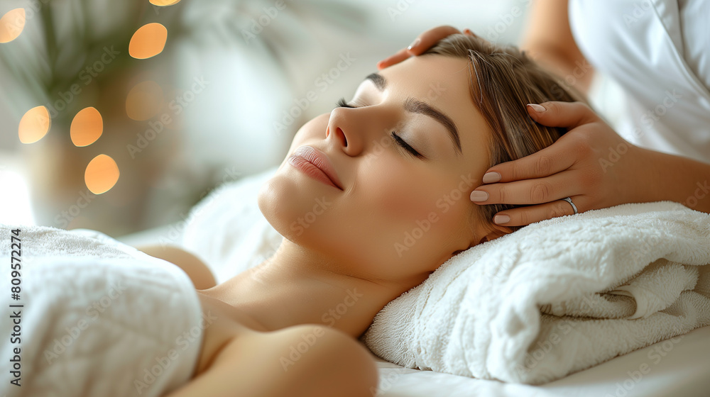 Young woman relaxing during spa massage treatment and lying on a spa bed. Young woman relaxing during spa massage treatment and lying on a spa bed.