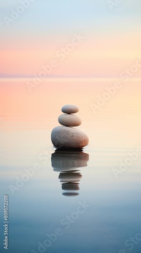 Tranquil photo of a smooth stone perfectly balanced on a serene beach at dawn  the sparse setting and muted colors fostering a calm mood  designed with a large area for added text