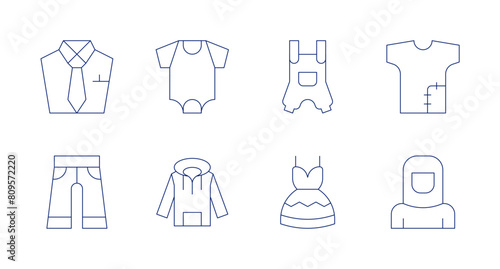 Clothing icons. Editable stroke. Containing trousers  suit  hoodie  babybody  clothes  babyclothing  protectiveequipment  tshirt.