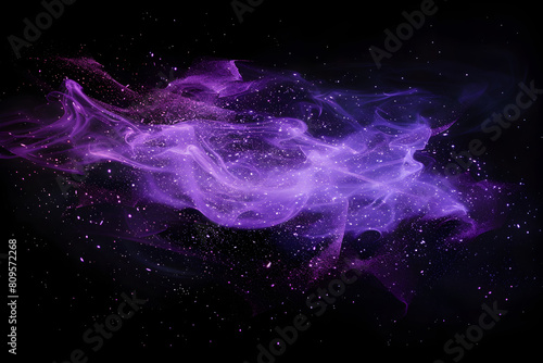 Ethereal neon galaxy with shimmering stars and purple mist. Mesmerizing artwork on black background.