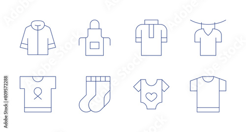 Clothing icons. Editable stroke. Containing winterjacket  ngo  socks  apron  clothes  babyclothes  tshirt  laundry.